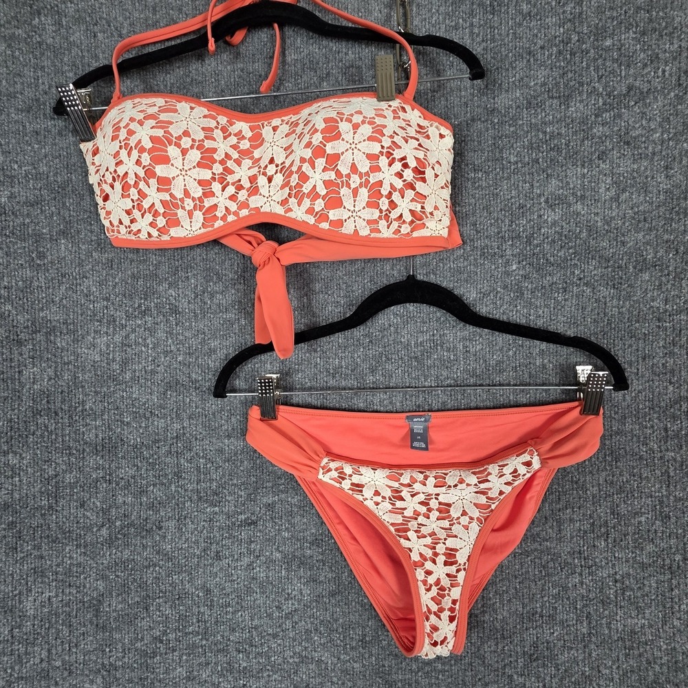 Aerie Large Coral Crochet Bandeau Bikini 2Pc Halter Boho Swimsuit Bathing Suit - Picture 3 of 6